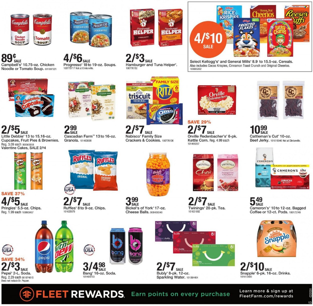 thumbnail - Fleet Farm Flyer - 01/14/2022 - 01/22/2022 - Sales products - cake, cupcake, brownies, cookies, Oreo, crackers, Kellogg's, Reese's, kettle corn, Pringles, chips, Ruffles, cocoa, oats, tuna, soup, Progresso, cereals, granola, Cheerios, Rice Krispies, Frosted Flakes, noodles, cinnamon, Campbell's, Pepsi, Dr. Pepper, Snapple, soda, sparkling water, tea, herbal tea, Twinings, bagged coffee, cup. Page 13.