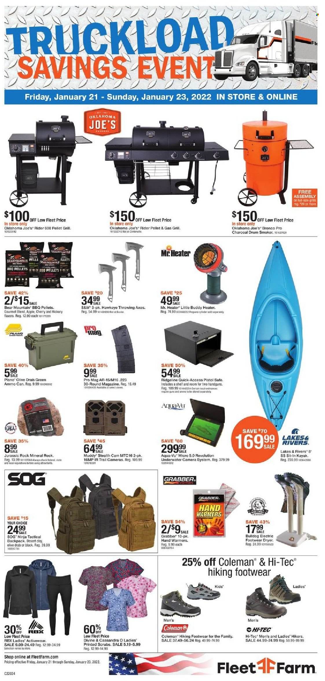 thumbnail - Fleet Farm Flyer - 01/21/2022 - 01/23/2022 - Sales products - hiking shoes, HI-TEC, RBX, Coleman, camera, stealth cam, SOG, pistol, ammo can, ammo, heater, gas grill, grill, pellet grill, smoker. Page 4.