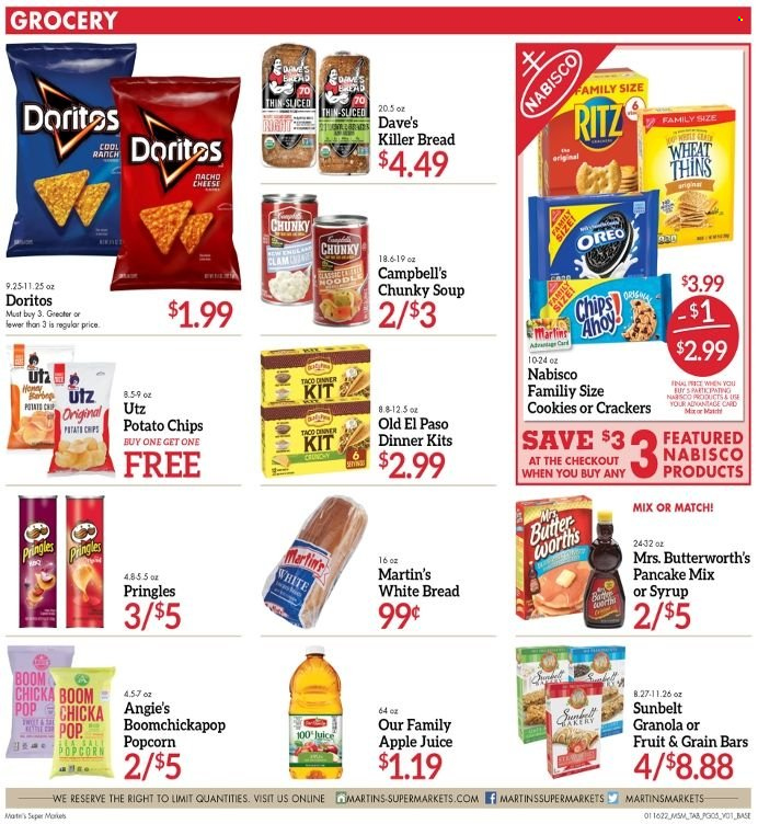 thumbnail - Martin’s Flyer - 01/16/2022 - 01/22/2022 - Sales products - bread, white bread, Old El Paso, clams, marlin, Campbell's, soup, pancakes, dinner kit, Oreo, butter, cookies, crackers, RITZ, Doritos, potato chips, Pringles, chips, Thins, popcorn, granola, apple juice, juice. Page 5.