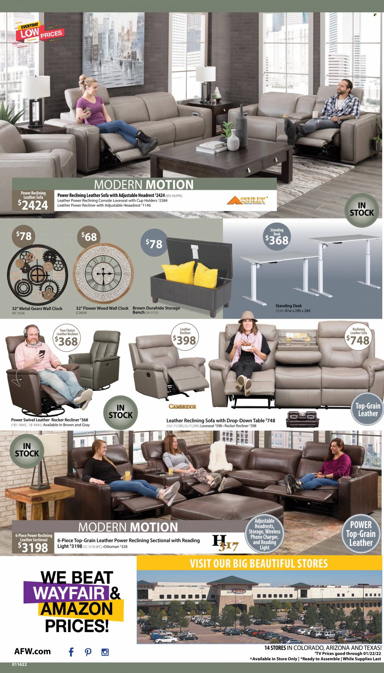 thumbnail - American Furniture Warehouse Flyer - 01/16/2022 - 01/22/2022 - Sales products - table, bench, leather sofa, loveseat, sofa, recliner chair, ottoman, storage bench, standing desk, desk. Page 4.