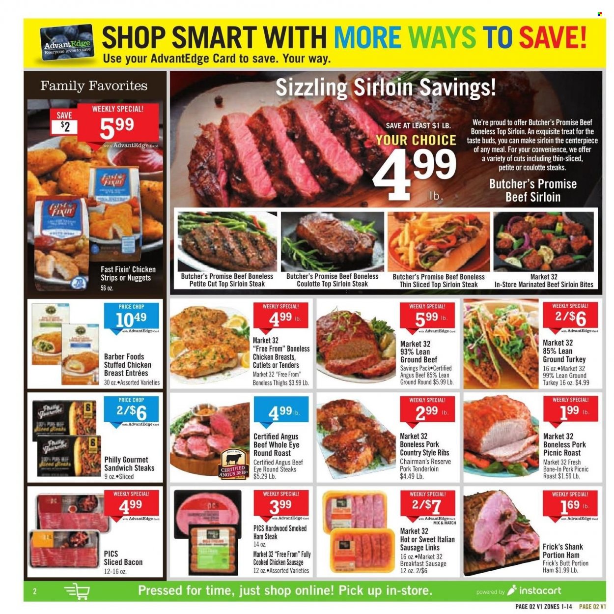 thumbnail - Price Chopper Flyer - 01/16/2022 - 01/22/2022 - Sales products - Fast Fixin', nuggets, stuffed chicken, bacon, ham, smoked ham, sausage, chicken sausage, italian sausage, ham steaks, strips, ground turkey, beef meat, beef sirloin, ground beef, steak, eye of round, round roast, sirloin steak, marinated beef, pork meat, pork ribs, pork tenderloin, country style ribs. Page 2.