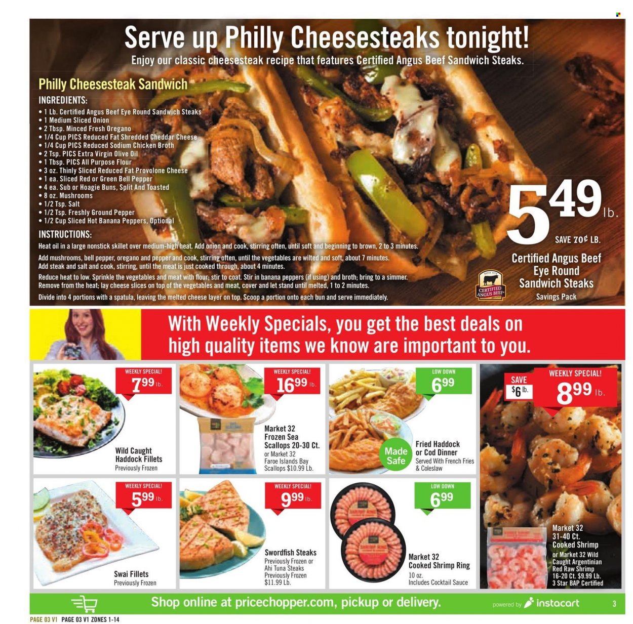 thumbnail - Price Chopper Flyer - 01/16/2022 - 01/22/2022 - Sales products - buns, onion, cod, scallops, swordfish, tuna, haddock, shrimps, swai fillet, coleslaw, sandwich, sliced cheese, cheese, Provolone, potato fries, french fries, all purpose flour, chicken broth, broth, cocktail sauce, extra virgin olive oil, olive oil, beef meat, steak, eye of round. Page 3.