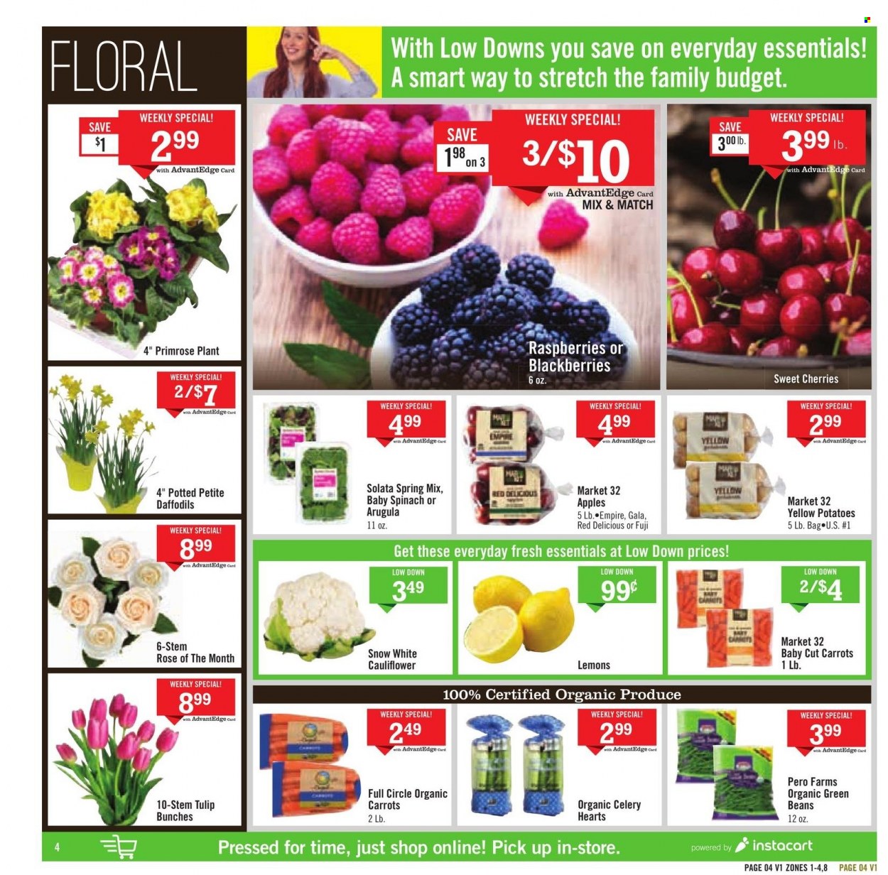 thumbnail - Price Chopper Flyer - 01/16/2022 - 01/22/2022 - Sales products - beans, carrots, cauliflower, celery, green beans, potatoes, sleeved celery, apples, blackberries, Gala, Red Delicious apples, cherries, wine, rosé wine, bunches, primroses, rose, daffodil, lemons. Page 4.