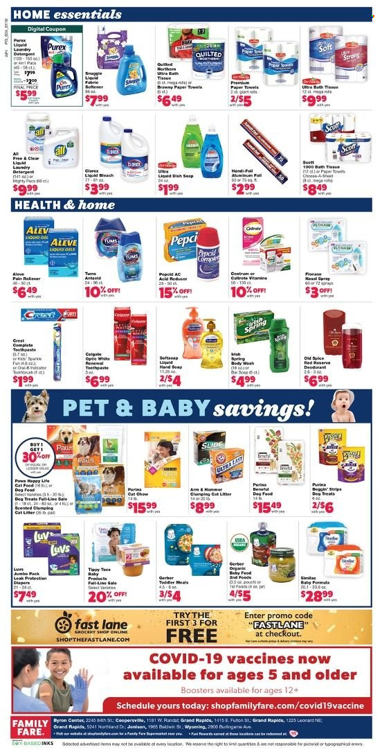 thumbnail - Family Fare Flyer - 01/16/2022 - 01/22/2022 - Sales products - strips, Gerber, ARM & HAMMER, spice, bath tissue, Quilted Northern, kitchen towels, paper towels, detergent, bleach, Snuggle, laundry detergent, Purex, soap, Colgate, toothpaste, Crest, anti-perspirant, deodorant, jar, Aleve, Pepcid, Antacid, Centrum, nasal spray. Page 4.