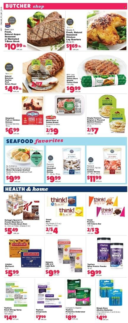 thumbnail - Family Fare Flyer - 01/16/2022 - 01/22/2022 - Sales products - seafood, shrimps, mashed potatoes, ham, Kellogg's, ground turkey, turkey breast, chicken legs, beef meat, t-bone steak, steak, battery, bulb, light bulb, Sylvania, alkaline batteries, whey protein. Page 5.