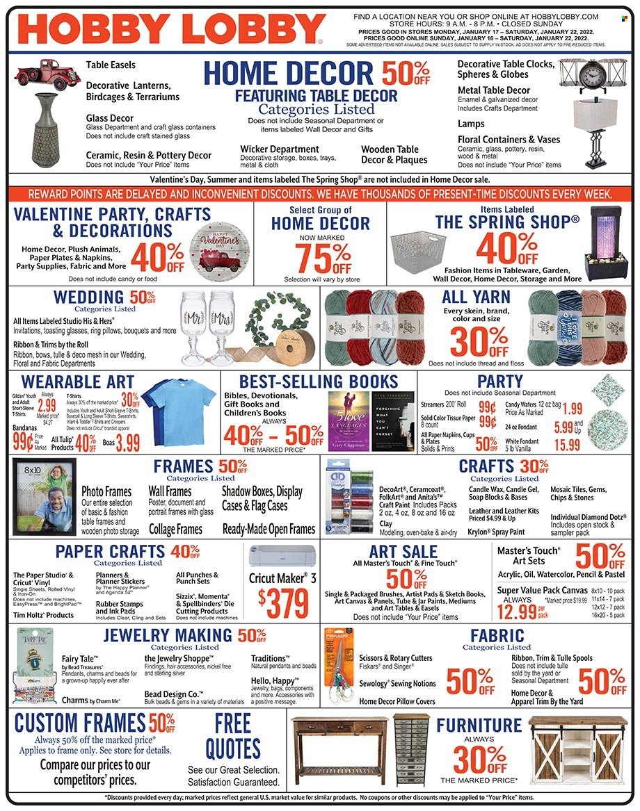 thumbnail - Hobby Lobby Flyer - 01/16/2022 - 01/22/2022 - Sales products - sticker, scissors, eraser, photo frame, paper, pencil, canvas, ribbon, knitting wool, napkins, pillow cover, wall decor, vase. Page 1.