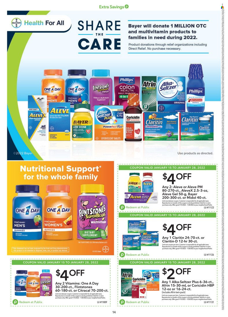 thumbnail - Publix Flyer - 01/15/2022 - 01/28/2022 - Sales products - Afrin, Aleve, Coricidin, Cold & Flu, multivitamin, Alka-seltzer, Low Dose, Bayer, dietary supplement. Page 14.