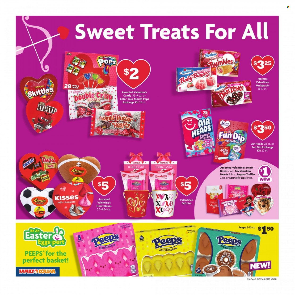 thumbnail - Family Dollar Flyer - 01/16/2022 - 01/22/2022 - Sales products - Apple, cheesecake, eggs, dip, Reese's, gift set, marshmallows, milk chocolate, chocolate, Milky Way, Snickers, Twix, truffles, jelly, Skittles, Ghirardelli, Peeps, peanut butter, coffee, basket, primroses. Page 3.