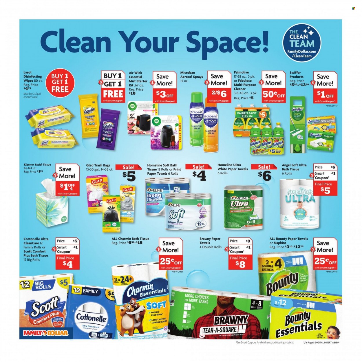 thumbnail - Family Dollar Flyer - 01/16/2022 - 01/22/2022 - Sales products - Bounty, wipes, napkins, bath tissue, Cottonelle, Kleenex, Scott, kitchen towels, paper towels, Charmin, Gain, cleaner, Lysol, Fabuloso, Swiffer, Palmolive, trash bags, Air Wick. Page 6.
