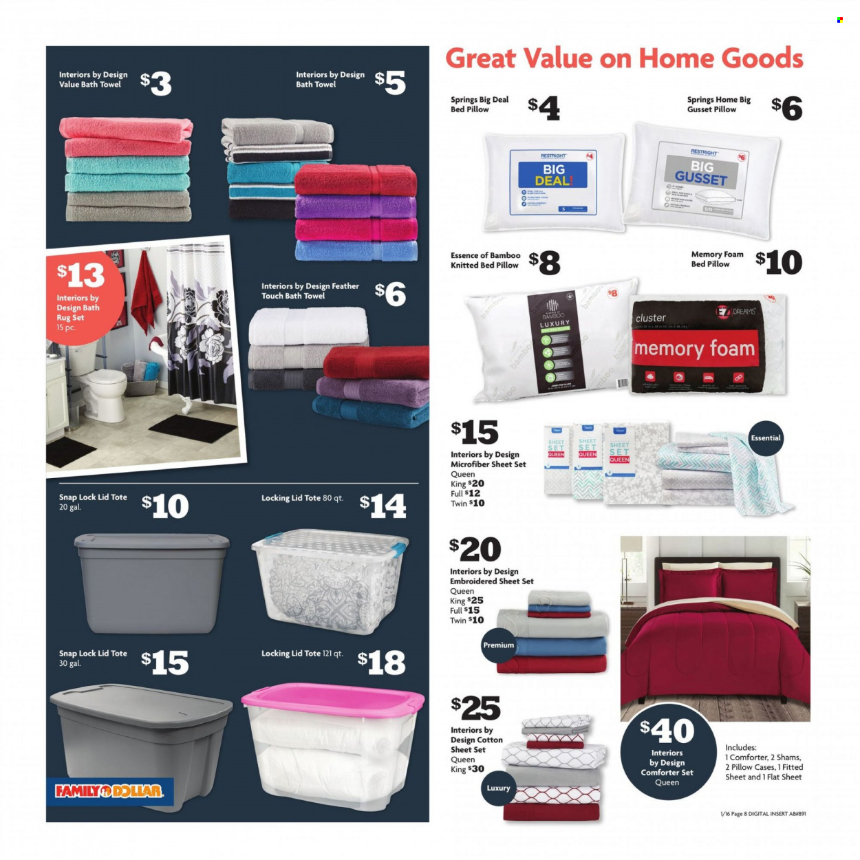 thumbnail - Family Dollar Flyer - 01/16/2022 - 01/22/2022 - Sales products - lid, comforter, pillow, queen sheet, bath towel, towel. Page 9.