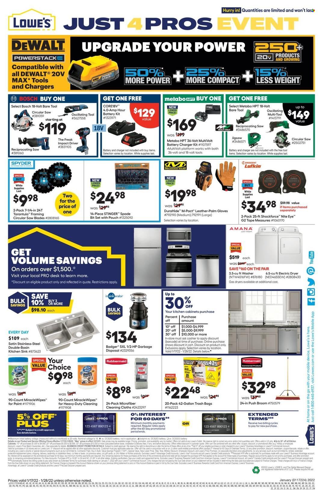 thumbnail - Lowe's Flyer - 01/17/2022 - 01/28/2022 - Sales products - DeWALT, Crest, trash bags, broom, battery charger, Hewlett Packard, Bosch, Amana, washing machine, electric dryer, kitchen cabinet, desk, sink, paint, impact driver, circular saw blade, reciprocating saw, measuring tape, work gloves, cart, Weber. Page 2.