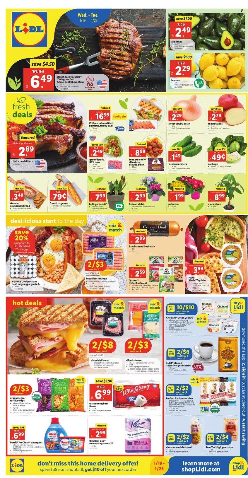 thumbnail - Lidl Flyer - 01/19/2022 - 01/25/2022 - Sales products - baguette, bread, sourdough bread, cabbage, cucumber, potatoes, onion, red potatoes, avocado, coconut, salmon, salmon fillet, beef hash, Quaker, sausage, corned beef, sliced cheese, cheese, greek yoghurt, yoghurt, Chobani, large eggs, quiche, tortilla chips, chips, oatmeal, protein bar, peanut butter, Bai, coffee, beef meat, beef steak, steak, ribeye steak, bison meat, ground pork, bath tissue, detergent, Persil, pot, bulb, towel, dinosaur, primroses, lemons. Page 1.