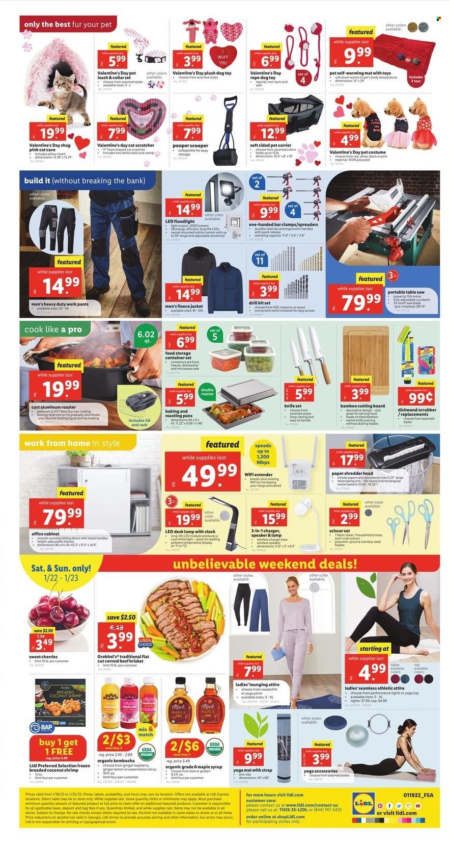 thumbnail - Lidl Flyer - 01/19/2022 - 01/25/2022 - Sales products - cherries, shrimps, corned beef, syrup, kombucha, beef meat, beef brisket, pants, knife, cutting board, lid, container, storage container set, paper, pet bed, dog toy, cat scratcher, wifi extender, speaker, roaster, shredder, cabinet, table, desk, jacket, costume, sweatshirt, tights, yoga leggins, yoga mat, floodlight, drill bit set, saw, table saw. Page 2.
