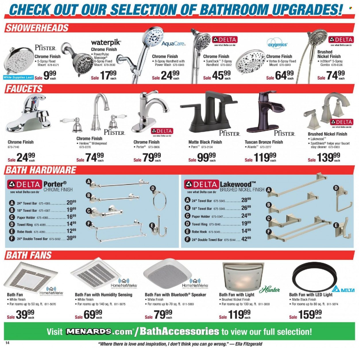 thumbnail - Menards Flyer - 01/16/2022 - 01/23/2022 - Sales products - faucet, cleaner, holder, hook, paper holder, paper, towel, ceiling fan. Page 17.