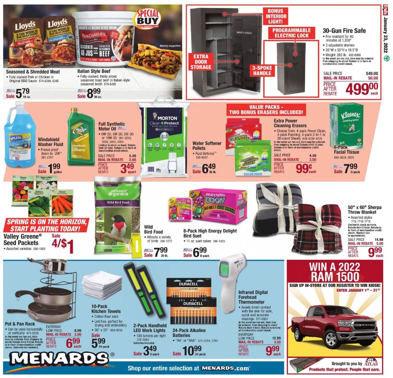 thumbnail - Menards Flyer - 01/16/2022 - 01/23/2022 - Sales products - beef meat, roast beef, pork meat, sauce, pulled pork, oil, fabric softener, thermometer, pot, pan, Duracell, kitchen towels, blanket, animal food, bird food, suet, plant seeds, suet cakes, water softener, zinnia, washer fluid, motor oil. Page 25.