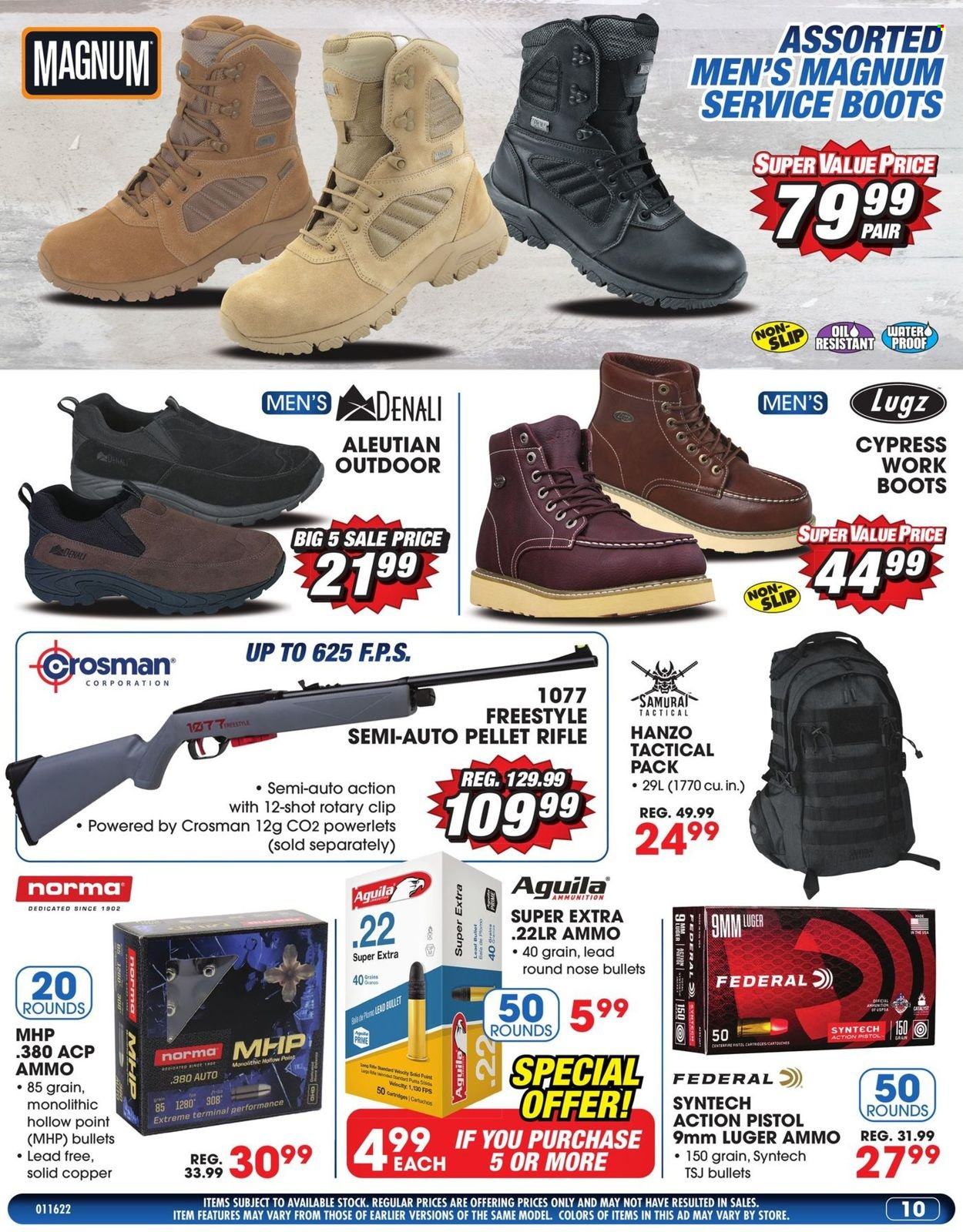 thumbnail - Big 5 Flyer - 01/16/2022 - 01/22/2022 - Sales products - boots, Lugz, Luger, rifle, pistol, pellet gun, ammo. Page 11.