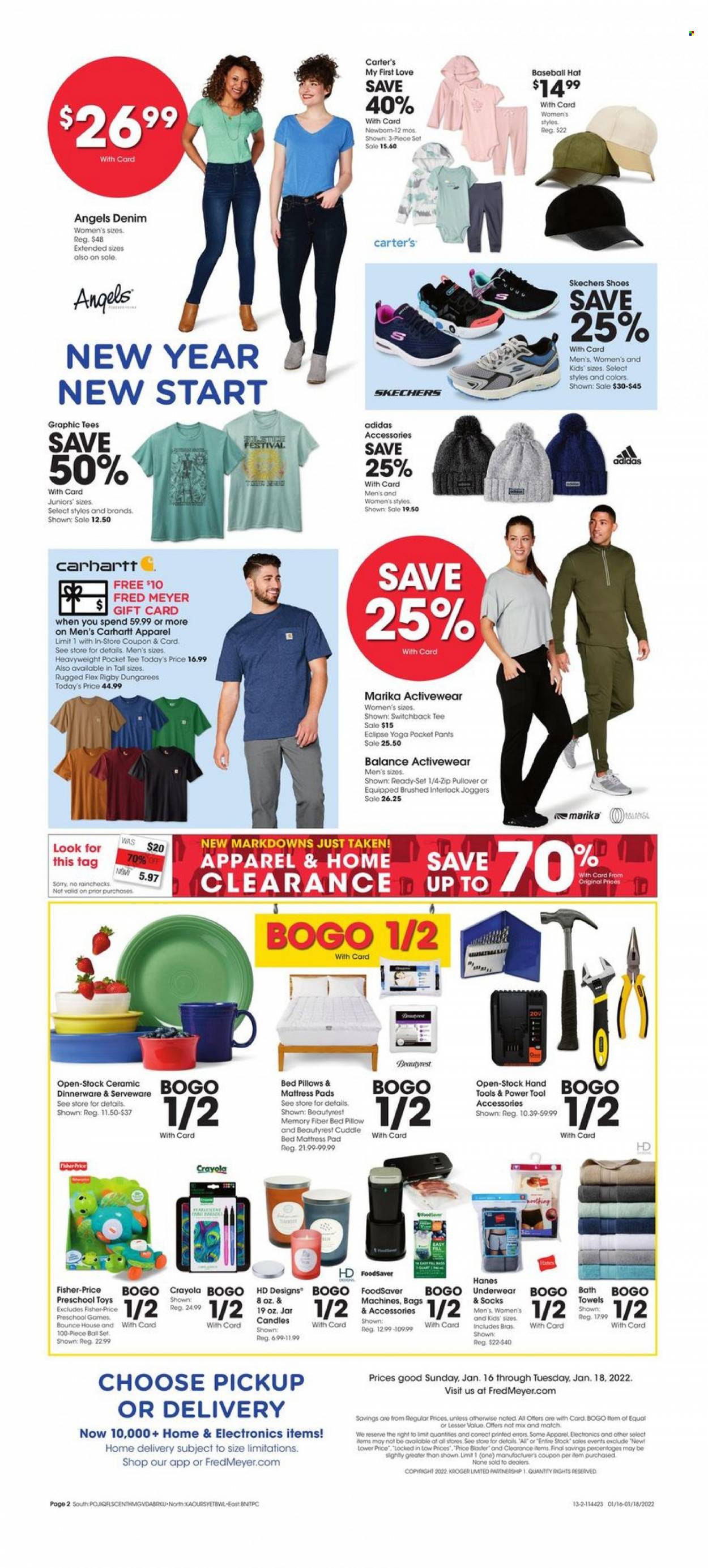 thumbnail - Fred Meyer Flyer - 01/16/2022 - 01/18/2022 - Sales products - Adidas, shoes, Skechers, pants, Bounce, bag, dinnerware set, serveware, crayons, candle, pillow, mattress protector, towel, t-shirt, pullover, joggers, socks, hat, baseball cap, bra, underwear, toys, Fisher-Price, Eclipse. Page 2.