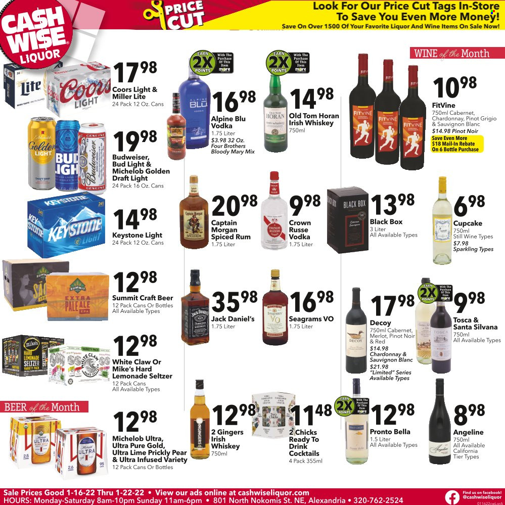 thumbnail - Cash Wise Liquor Only Flyer - 01/16/2022 - 01/22/2022 - Sales products - cupcake, Jack Daniel's, Four Brothers, Santa, seltzer water, Cabernet Sauvignon, red wine, white wine, Chardonnay, wine, Merlot, Pinot Noir, Pinot Grigio, Sauvignon Blanc, Captain Morgan, rum, spiced rum, vodka, whiskey, irish whiskey, liquor, White Claw, whisky, beer, Bud Light, Keystone, Budweiser, Miller Lite, Coors, Michelob. Page 1.