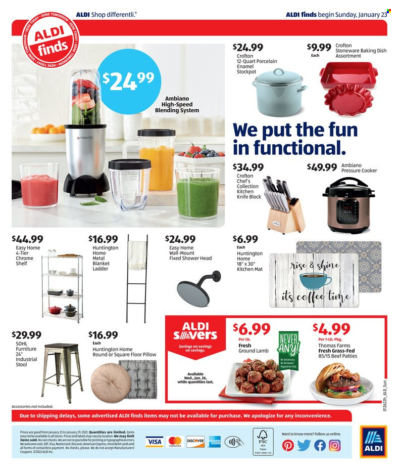 thumbnail - ALDI Flyer - 01/23/2022 - 01/29/2022 - Sales products - showerhead, stockpot, coffee, ground lamb, lamb meat, knife, pressure cooker, knife block, stoneware, paper, blanket, pillow, ladder, kitchen mat. Page 2.