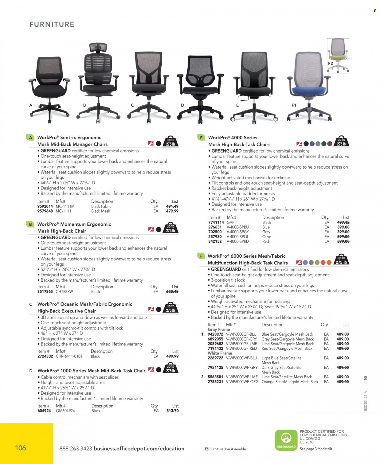 thumbnail - Office DEPOT Flyer - Sales products - satellite, task chair, chair. Page 106.