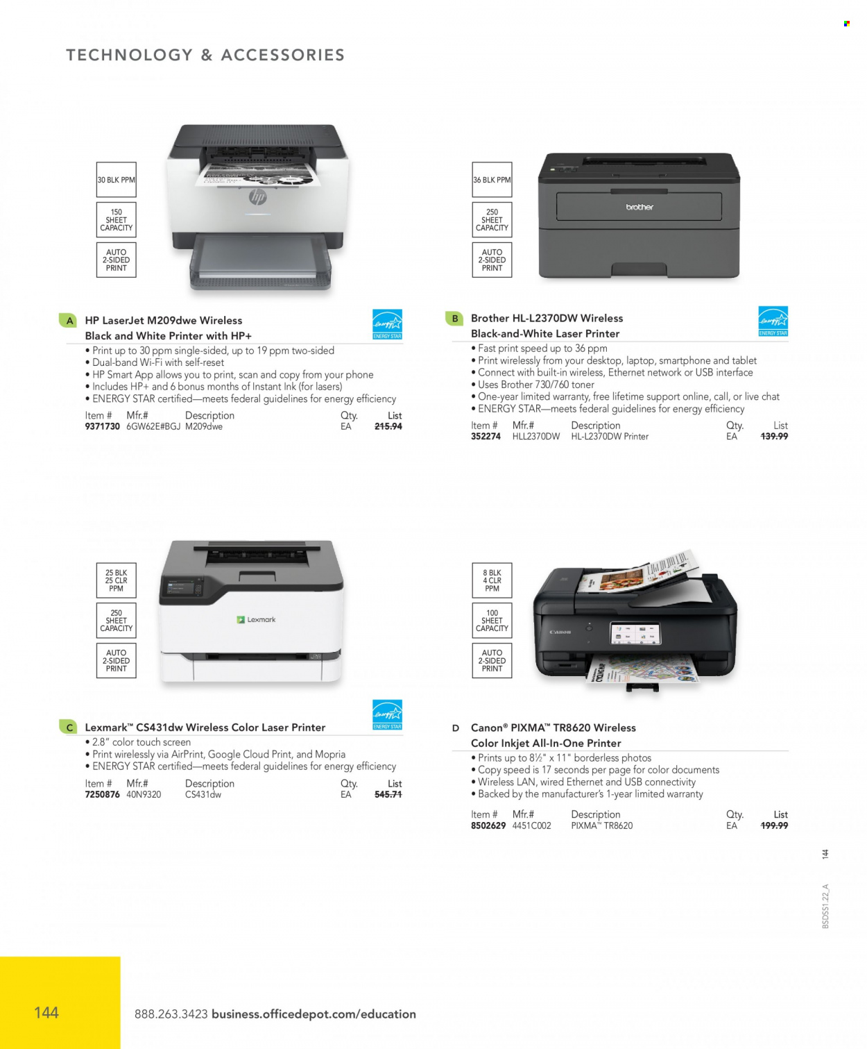 thumbnail - Office DEPOT Flyer - Sales products - Hewlett Packard, Brother, laptop, Canon, all-in-one printer, laser printer, printer, laserjet, toner. Page 144.