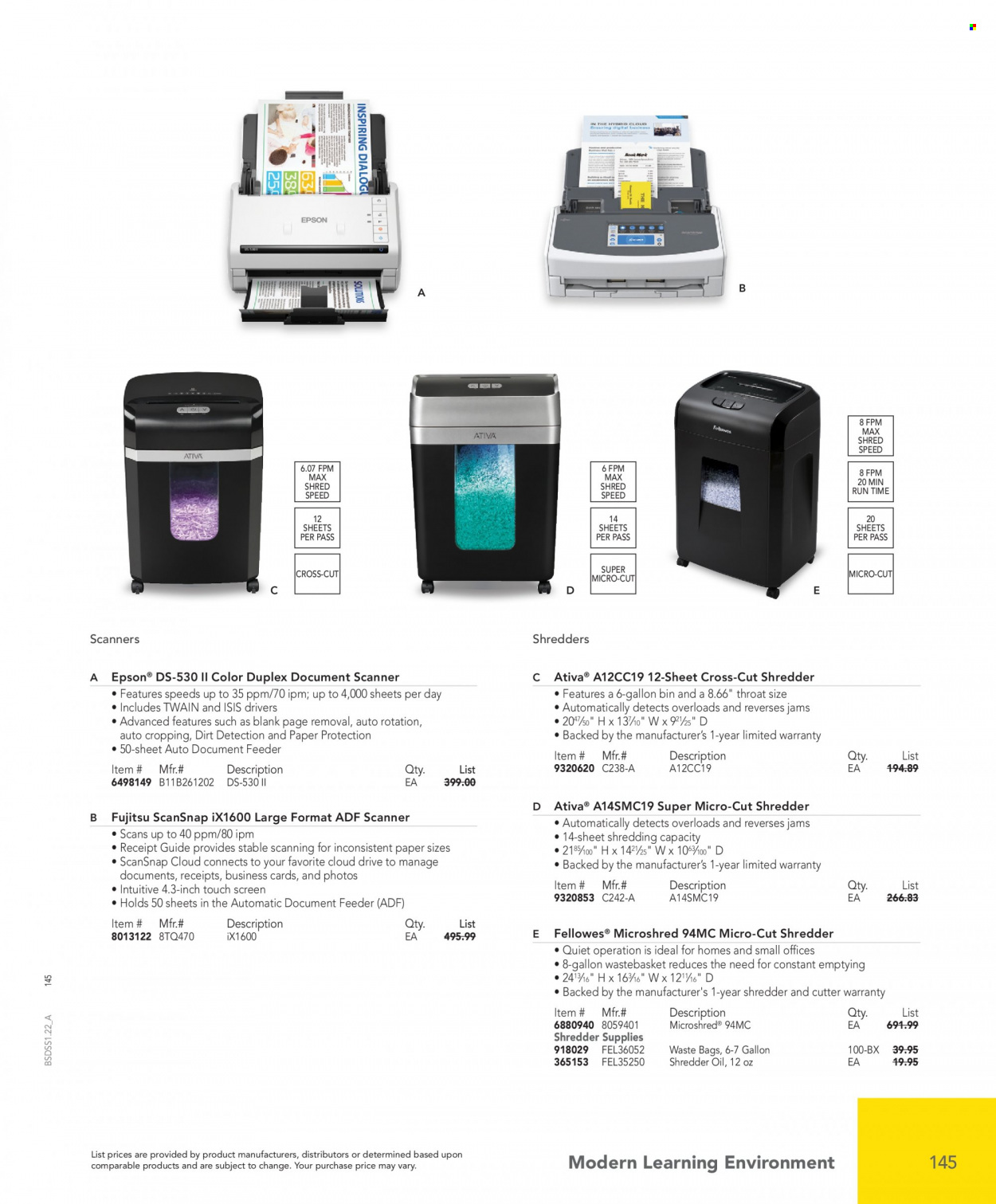 thumbnail - Office DEPOT Flyer - Sales products - bag, paper, cutter, Epson, scanner, shredder. Page 145.