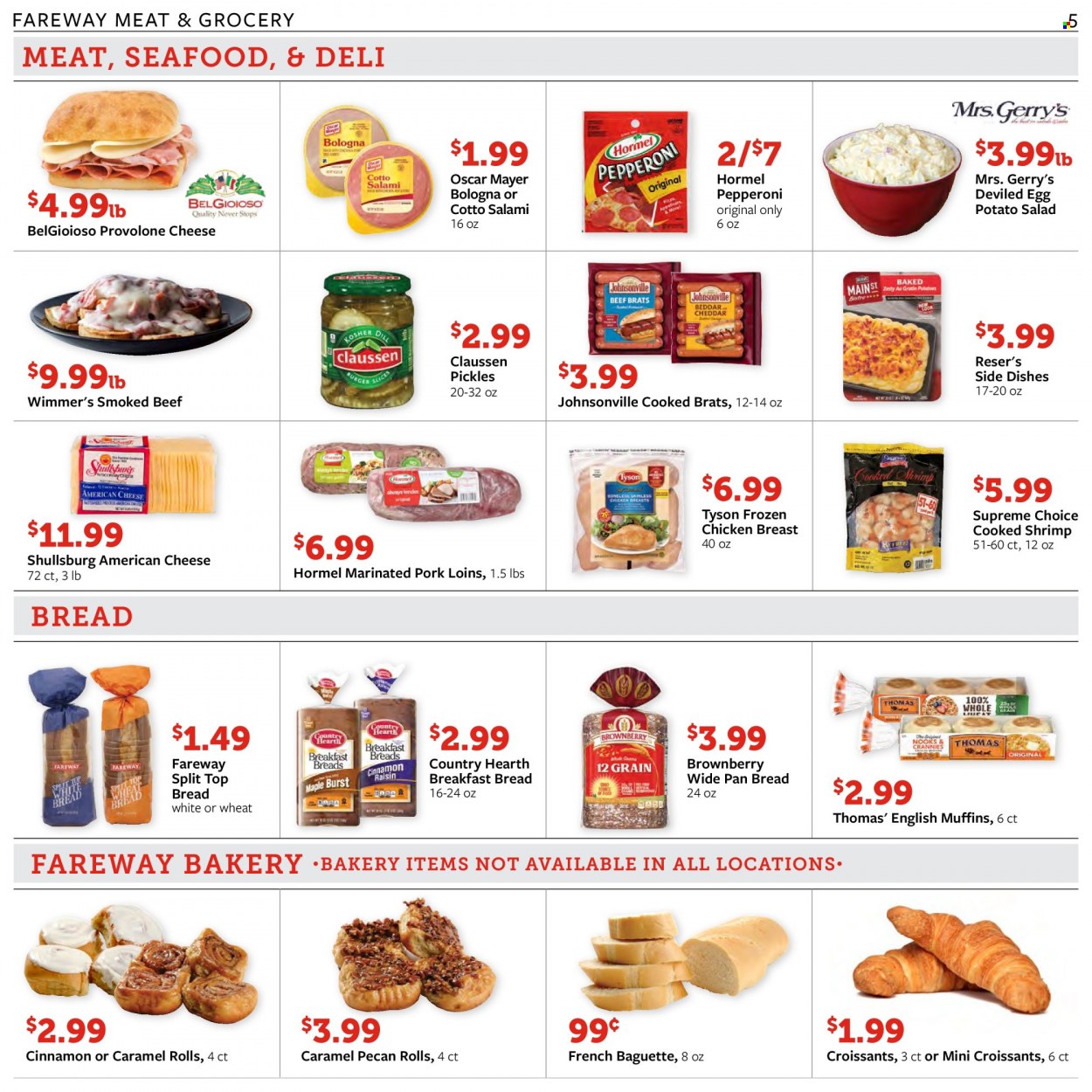 thumbnail - Fareway Flyer - 01/18/2022 - 01/24/2022 - Sales products - baguette, bread, english muffins, salad, seafood, shrimps, Hormel, salami, bologna sausage, Johnsonville, Oscar Mayer, pepperoni, potato salad, american cheese, cheese, Provolone, eggs, pickles, cinnamon, chicken breasts, pork meat. Page 5.