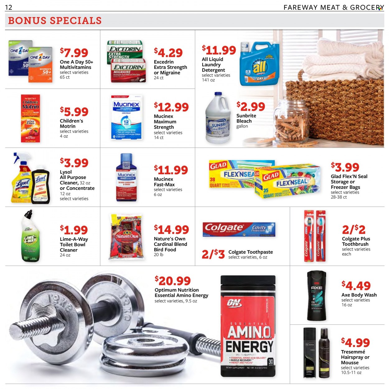 thumbnail - Fareway Flyer - 01/18/2022 - 01/24/2022 - Sales products - detergent, cleaner, bleach, all purpose cleaner, Lysol, laundry detergent, body wash, Colgate, toothbrush, toothpaste, TRESemmé, bag, animal food, bird food, Optimum. Page 12.