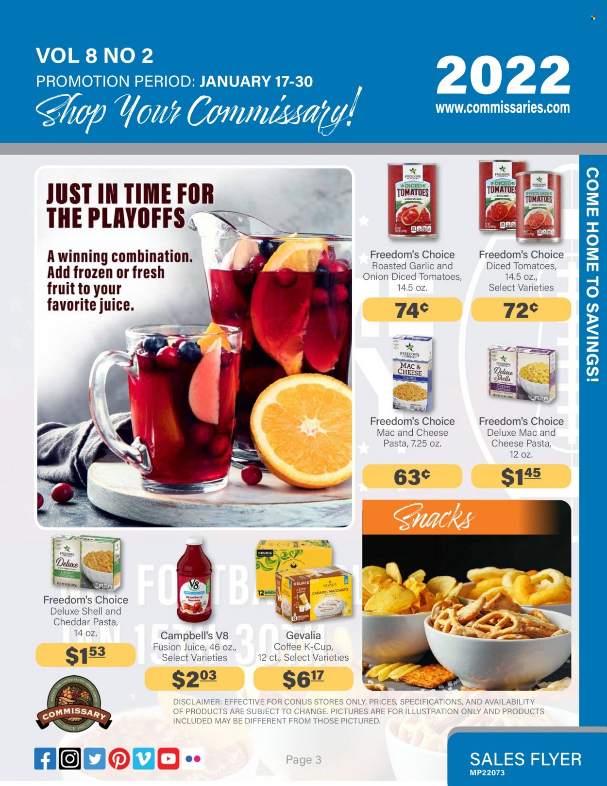 thumbnail - Commissary Flyer - 01/17/2022 - 01/30/2022 - Sales products - Campbell's, macaroni & cheese, pasta, cheddar, snack, caramel, juice, coffee, coffee capsules, K-Cups, Gevalia, Keurig. Page 3.