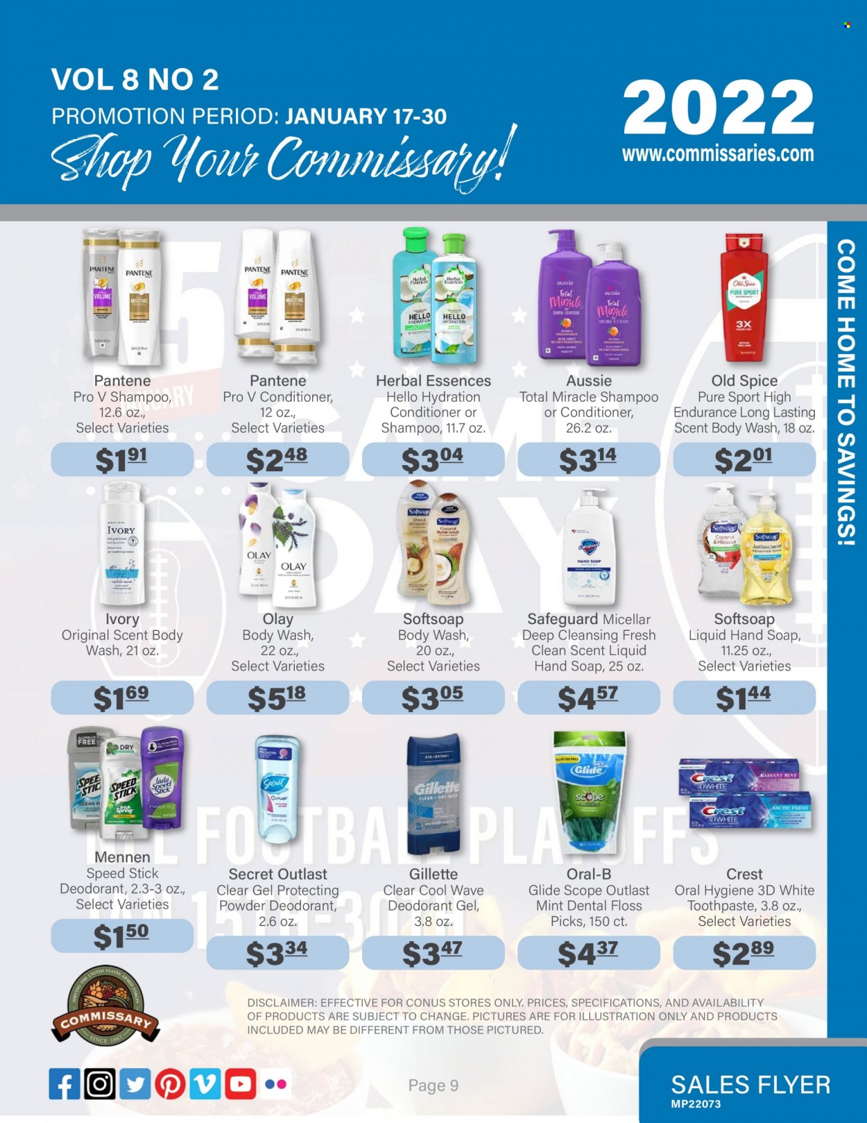thumbnail - Commissary Flyer - 01/17/2022 - 01/30/2022 - Sales products - spice, WAVE, body wash, shampoo, Softsoap, hand soap, Old Spice, soap, Oral-B, toothpaste, Crest, Olay, Aussie, conditioner, Pantene, Herbal Essences, anti-perspirant, Speed Stick, deodorant, Gillette. Page 9.