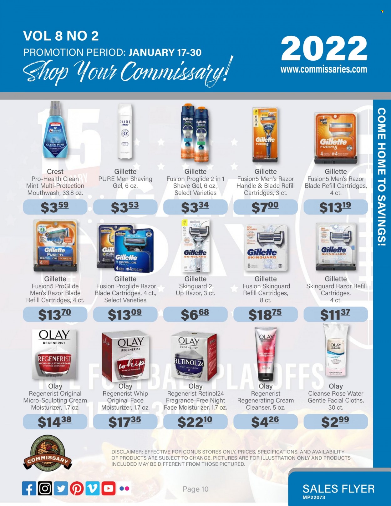 thumbnail - Commissary Flyer - 01/17/2022 - 01/30/2022 - Sales products - wine, rosé wine, mouthwash, Crest, cleanser, moisturizer, Olay, fragrance, Gillette, razor, shave gel. Page 10.
