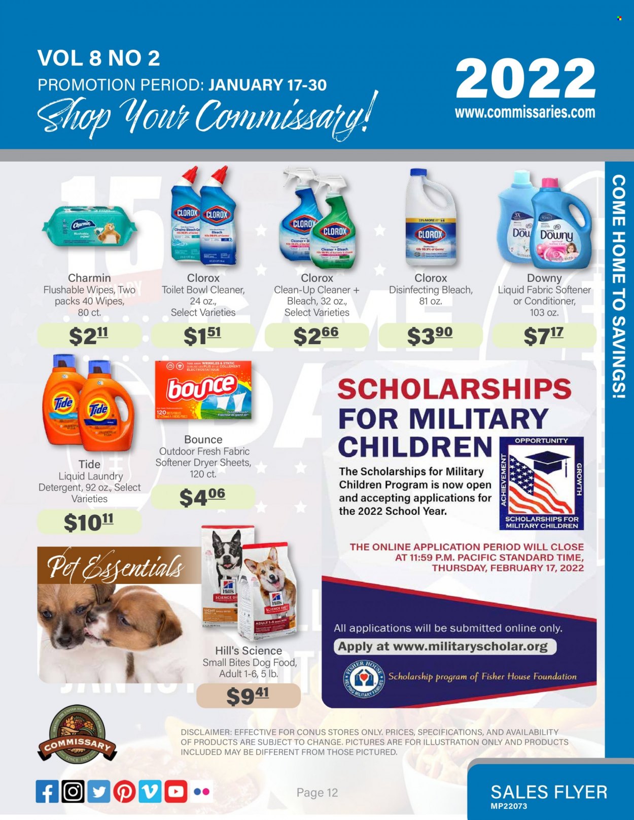 thumbnail - Commissary Flyer - 01/17/2022 - 01/30/2022 - Sales products - wipes, Charmin, detergent, cleaner, bleach, Clorox, Tide, fabric softener, laundry detergent, Bounce, dryer sheets, conditioner. Page 12.