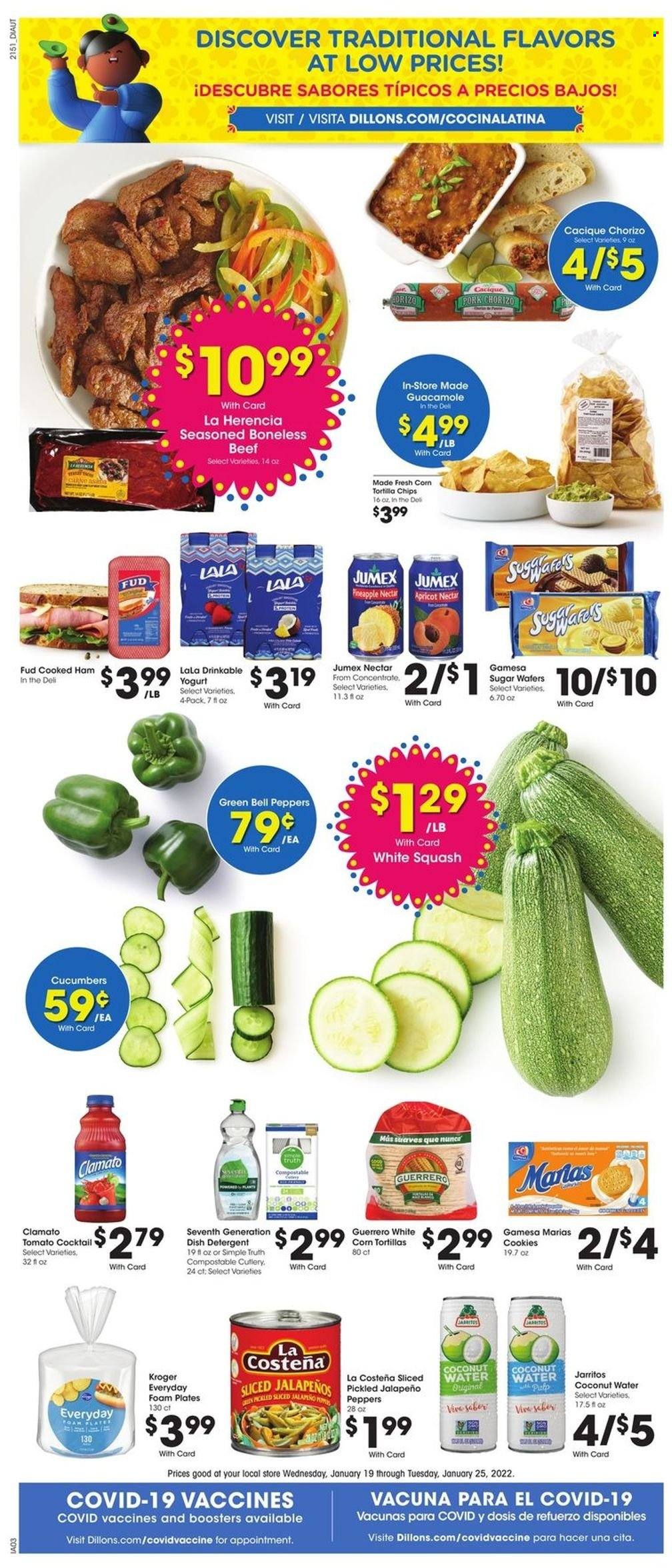 thumbnail - Baker's Flyer - 01/19/2022 - 01/25/2022 - Sales products - corn tortillas, bell peppers, cucumber, peppers, jalapeño, cooked ham, ham, chorizo, guacamole, yoghurt, cookies, wafers, tortilla chips, chips, Clamato, coconut water, detergent, lid, plate, foam plates. Page 10.
