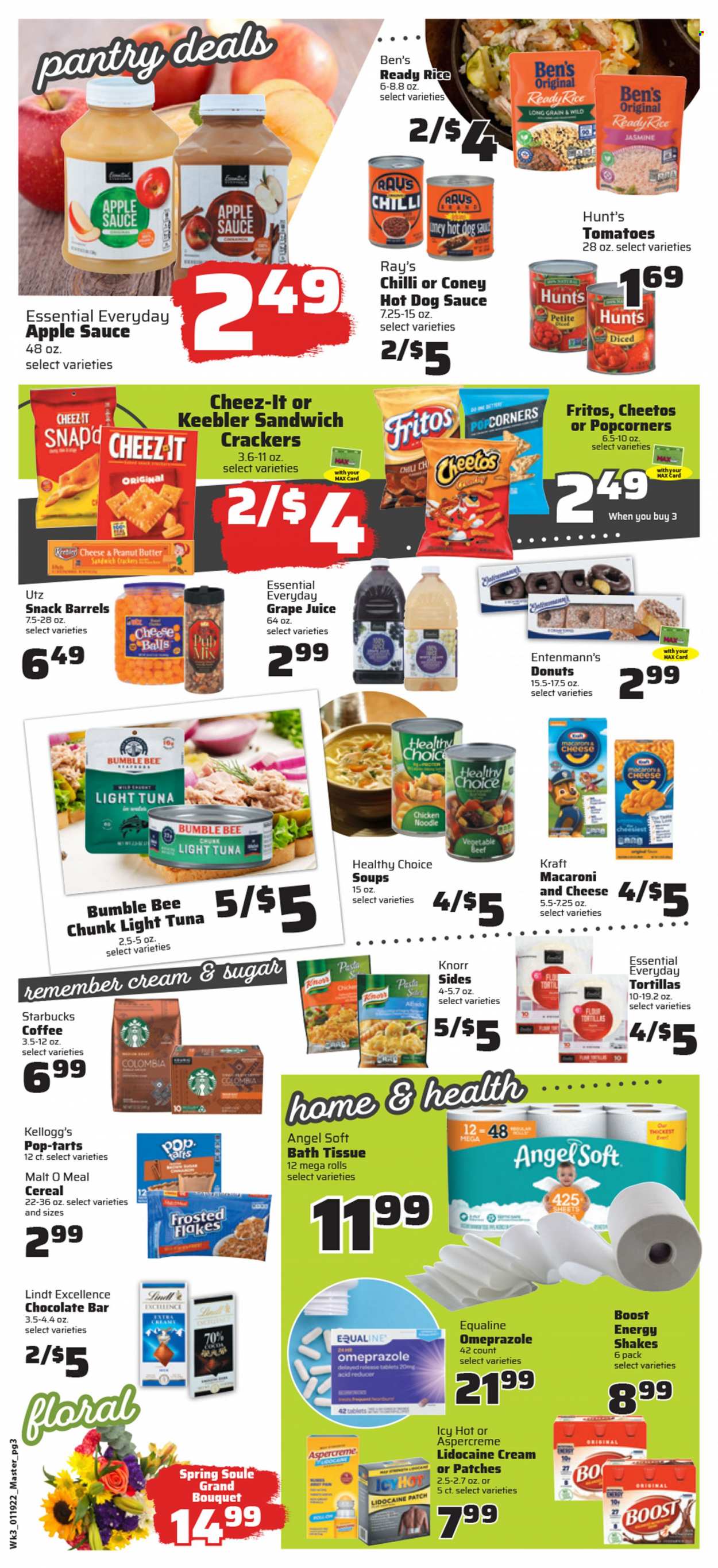 thumbnail - County Market Flyer - 01/19/2022 - 01/25/2022 - Sales products - tortillas, donut, Entenmann's, tomatoes, tuna, macaroni & cheese, hot dog, pasta, Bumble Bee, Knorr, sauce, noodles, Healthy Choice, Kraft®, shake, snack, Lindt, crackers, Kellogg's, Pop-Tarts, Keebler, chocolate bar, Fritos, Cheetos, popcorn, Cheez-It, sugar, malt, light tuna, cereals, rice, apple sauce, peanut butter, juice, Boost, coffee, Starbucks. Page 3.