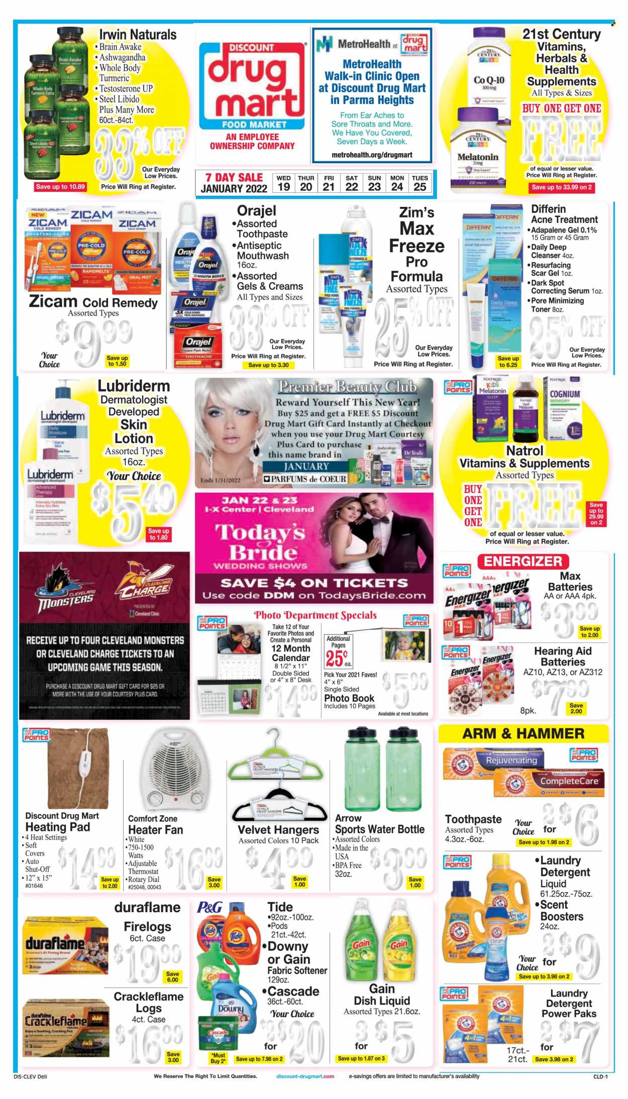 thumbnail - Discount Drug Mart Flyer - 01/19/2022 - 01/25/2022 - Sales products - ARM & HAMMER, turmeric, detergent, Gain, Cascade, Tide, fabric softener, laundry detergent, scent booster, dishwashing liquid, Dial, toothpaste, mouthwash, cleanser, serum, toner, body lotion, Lubriderm, hanger, drink bottle, calendar, Energizer, book, heating pad, Natrol. Page 1.