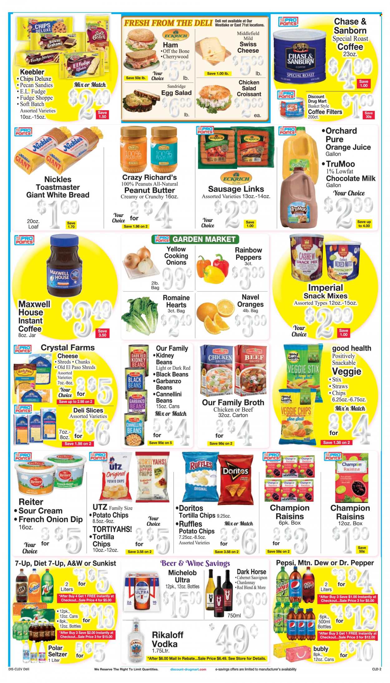 thumbnail - Discount Drug Mart Flyer - 01/19/2022 - 01/25/2022 - Sales products - bread, white bread, croissant, Old El Paso, salad, ham, ham off the bone, sausage, chicken salad, swiss cheese, milk, eggs, sour cream, dip, fudge, milk chocolate, snack, Keebler, Doritos, tortilla chips, potato chips, chips, Ruffles, beef broth, broth, black beans, cannellini beans, kidney beans, chickpeas, peanut butter, raisins, peanuts, dried fruit, pistachios, mixed nuts, Mountain Dew, Pepsi, orange juice, juice, Dr. Pepper, 7UP, A&W, seltzer water, Maxwell House, instant coffee, Cabernet Sauvignon, red wine, white wine, Chardonnay, wine, vodka, beer, basket, straw, Michelob. Page 2.