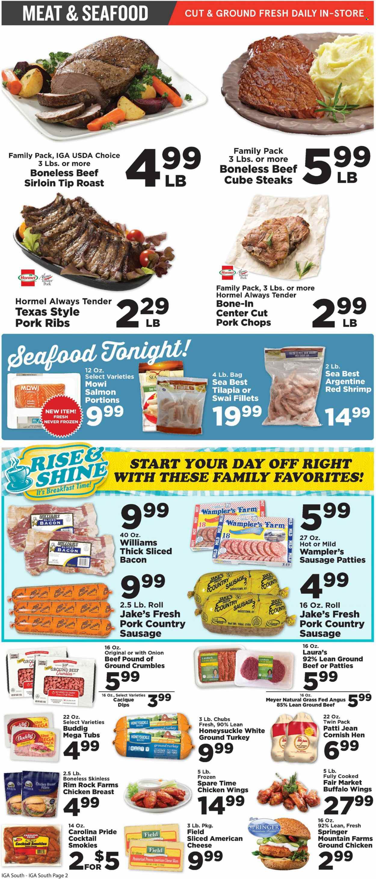 thumbnail - IGA Flyer - 01/19/2022 - 01/25/2022 - Sales products - onion, salmon, tilapia, seafood, shrimps, swai fillet, Hormel, bacon, ham, sausage, american cheese, sliced cheese, cheese, chicken wings, cornish hen, ground chicken, ground turkey, chicken breasts, beef meat, beef sirloin, ground beef, steak, pork chops, pork meat, pork ribs, cage. Page 2.