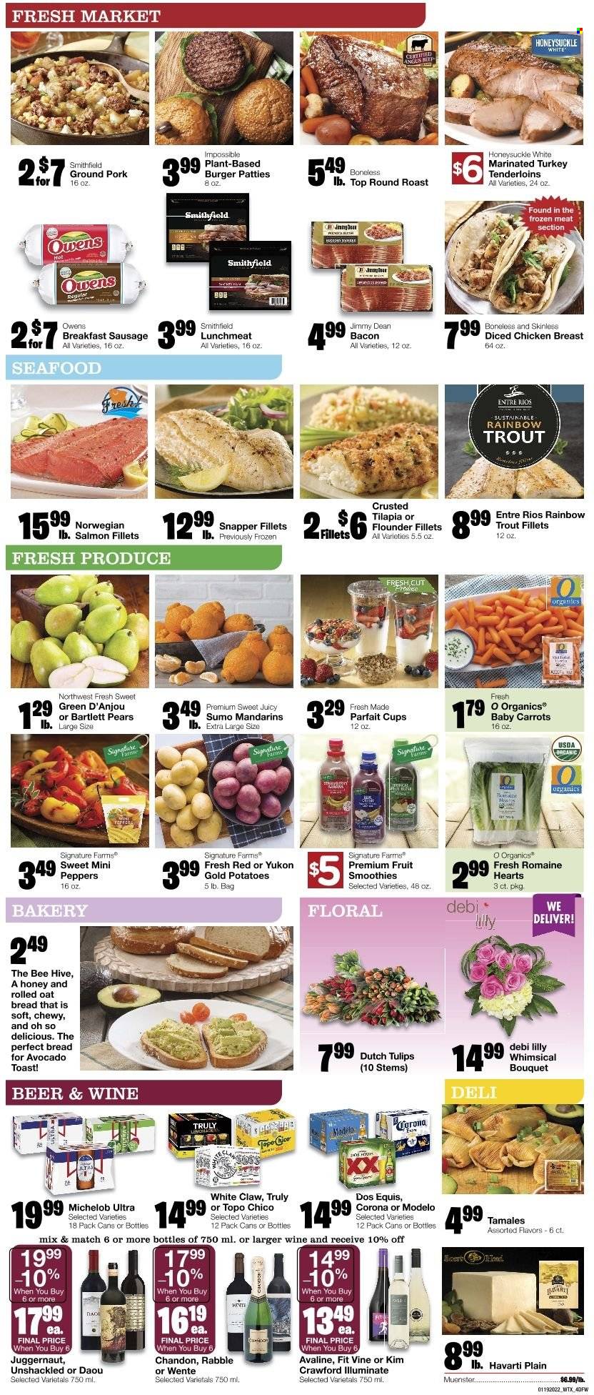 thumbnail - Market Street Flyer - 01/19/2022 - 01/25/2022 - Sales products - Bartlett pears, bread, carrots, potatoes, peppers, avocado, mandarines, pears, flounder, salmon, salmon fillet, tilapia, trout, seafood, hamburger, Jimmy Dean, sausage, lunch meat, Havarti, Münster cheese, oats, honey, smoothie, wine, White Claw, TRULY, beer, Corona Extra, Modelo, chicken breasts, turkey tenderloin, beef meat, round roast, ground pork, burger patties, cup, tulip, bouquet, Dos Equis, Michelob. Page 4.