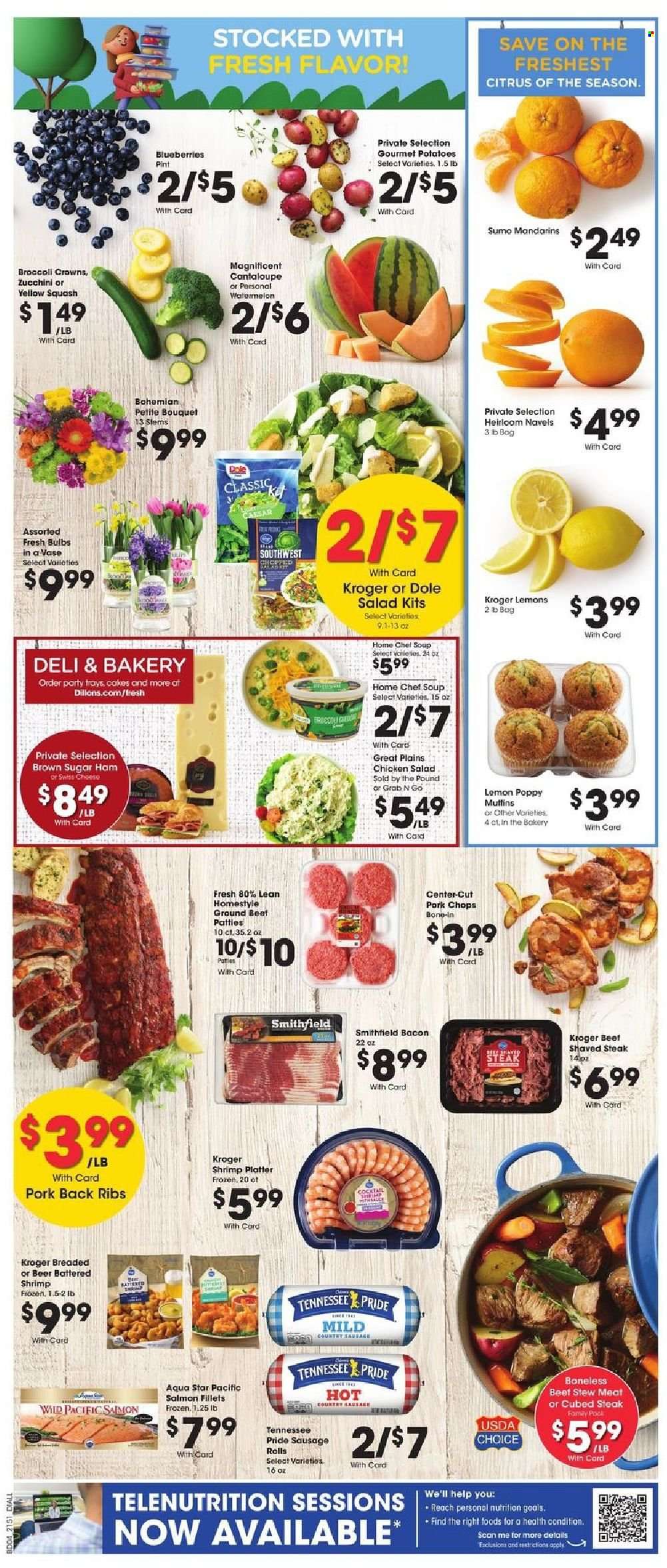 thumbnail - Dillons Flyer - 01/19/2022 - 01/25/2022 - Sales products - stew meat, muffin, cantaloupe, zucchini, potatoes, salad, Dole, yellow squash, blueberries, mandarines, watermelon, salmon, salmon fillet, shrimps, soup, bacon, ham, chicken salad, swiss cheese, cheese, beer, steak, pork chops, pork meat, pork ribs, pork back ribs, bulb, bouquet, lemons, navel oranges. Page 8.