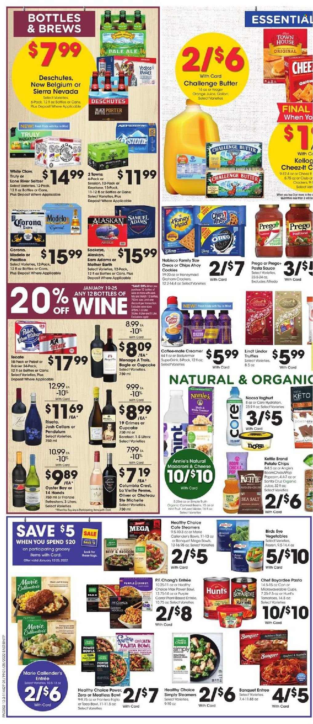 thumbnail - Fred Meyer Flyer - 01/19/2022 - 01/25/2022 - Sales products - tomatoes, oysters, macaroni & cheese, ravioli, pasta sauce, sauce, Bird's Eye, fajita, Healthy Choice, Marie Callender's, Annie's, Oreo, yoghurt, Coffee-Mate, butter, creamer, cookies, Lindt, Lindor, truffles, Mother Earth, potato chips, popcorn, Cheez-It, Chef Boyardee, Honey Maid, orange juice, juice, seltzer water, Cupcake Vineyards, White Claw, TRULY, beer, Corona Extra, Keystone, Modelo, Crest, cup, bowl. Page 5.