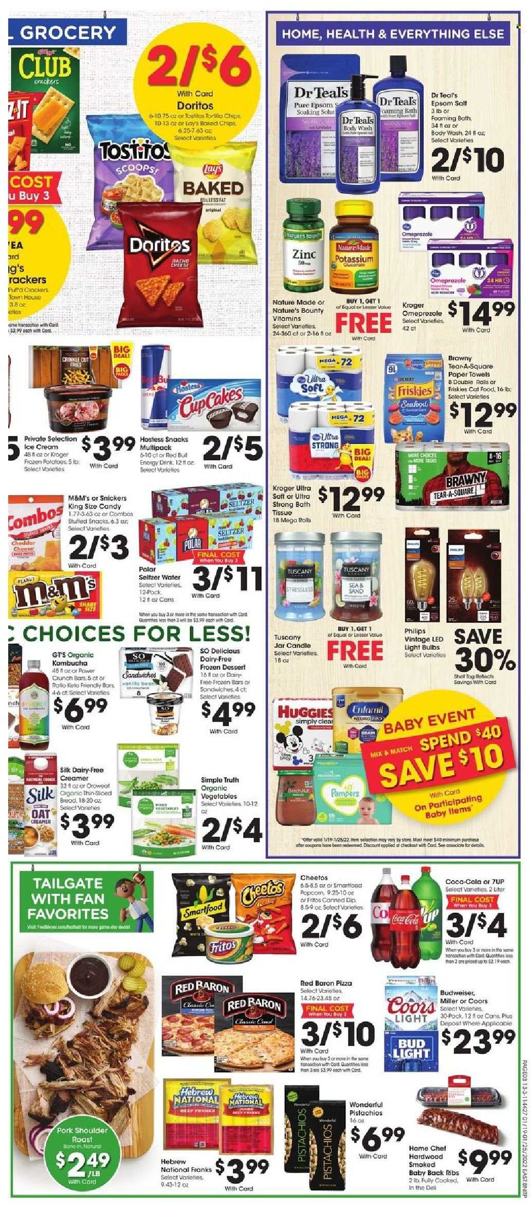 thumbnail - Fred Meyer Flyer - 01/19/2022 - 01/25/2022 - Sales products - Philips, potatoes, pizza, Silk, creamer, dip, potato fries, Red Baron, snack, Snickers, M&M's, crackers, Doritos, Fritos, Cheetos, Lay’s, Smartfood, oats, pistachios, Coca-Cola, energy drink, 7UP, seltzer water, kombucha, beer, Bud Light, Miller, pork meat, pork ribs, pork roast, pork shoulder, pork back ribs, Huggies, Pampers, bath tissue, kitchen towels, paper towels, body wash, candle, bulb, light bulb, animal food, cat food, Friskies, LED light, Shell, Nature Made, Nature's Bounty, zinc, Budweiser, Coors. Page 6.