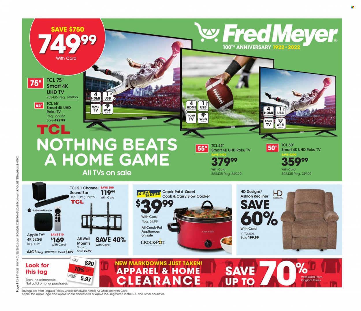 thumbnail - Fred Meyer Flyer - 01/19/2022 - 01/25/2022 - Sales products - pot, TCL, 4K UHD TV, roku tv, UHD TV, TV, sound bar, slow cooker, CrockPot, recliner chair. Page 1.