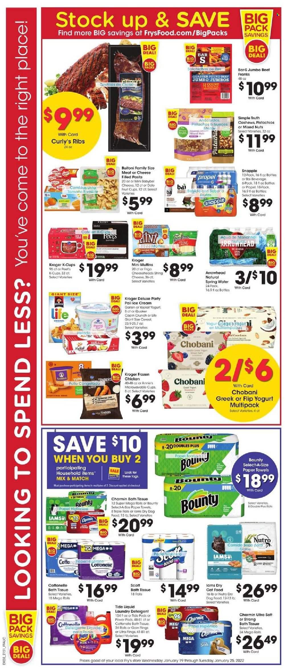 thumbnail - Fry’s Flyer - 01/19/2022 - 01/25/2022 - Sales products - fruit cup, muffin, Dole, pasta, Quaker, Annie's, Buitoni, filled pasta, string cheese, Babybel, yoghurt, Yoplait, Chobani, ice cream, Bounty, cereals, Cap'n Crunch, cashews, pistachios, mixed nuts, Snapple, spring water, tea, coffee, coffee capsules, K-Cups, bath tissue, Cottonelle, Scott, kitchen towels, paper towels, Charmin, detergent, Gain, Tide, laundry detergent, animal food, cat food, dog food, dry dog food, dry cat food, Iams. Page 3.