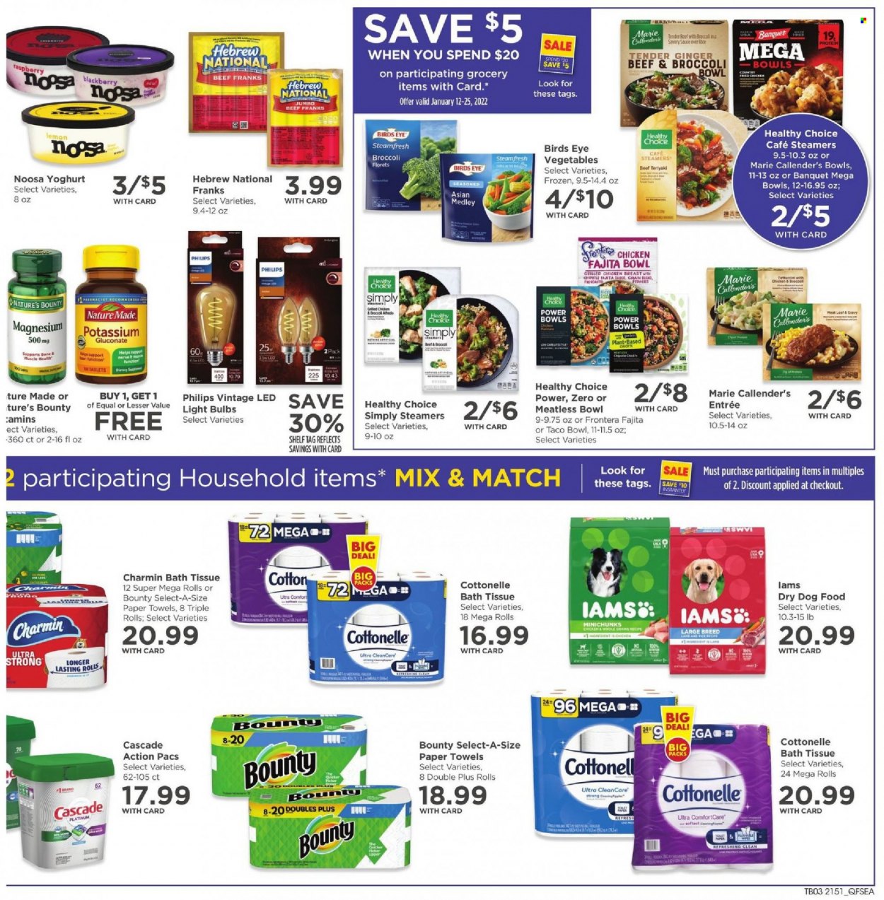 thumbnail - QFC Flyer - 01/19/2022 - 01/25/2022 - Sales products - Philips, broccoli, ginger, fried chicken, Bird's Eye, Healthy Choice, Marie Callender's, yoghurt, Bounty, bath tissue, Cottonelle, kitchen towels, paper towels, Charmin, Cascade, bowl, bulb, light bulb. Page 4.