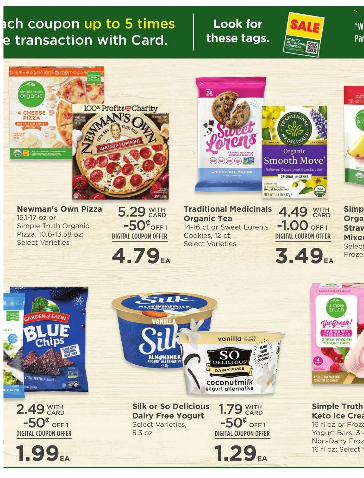 thumbnail - QFC Flyer - 01/19/2022 - 01/25/2022 - Sales products - cheesecake, coconut, pizza, pepperoni, almond milk, Silk, cookie dough, cookies, chocolate, tortilla chips, coconut milk, tea, bag. Page 9.