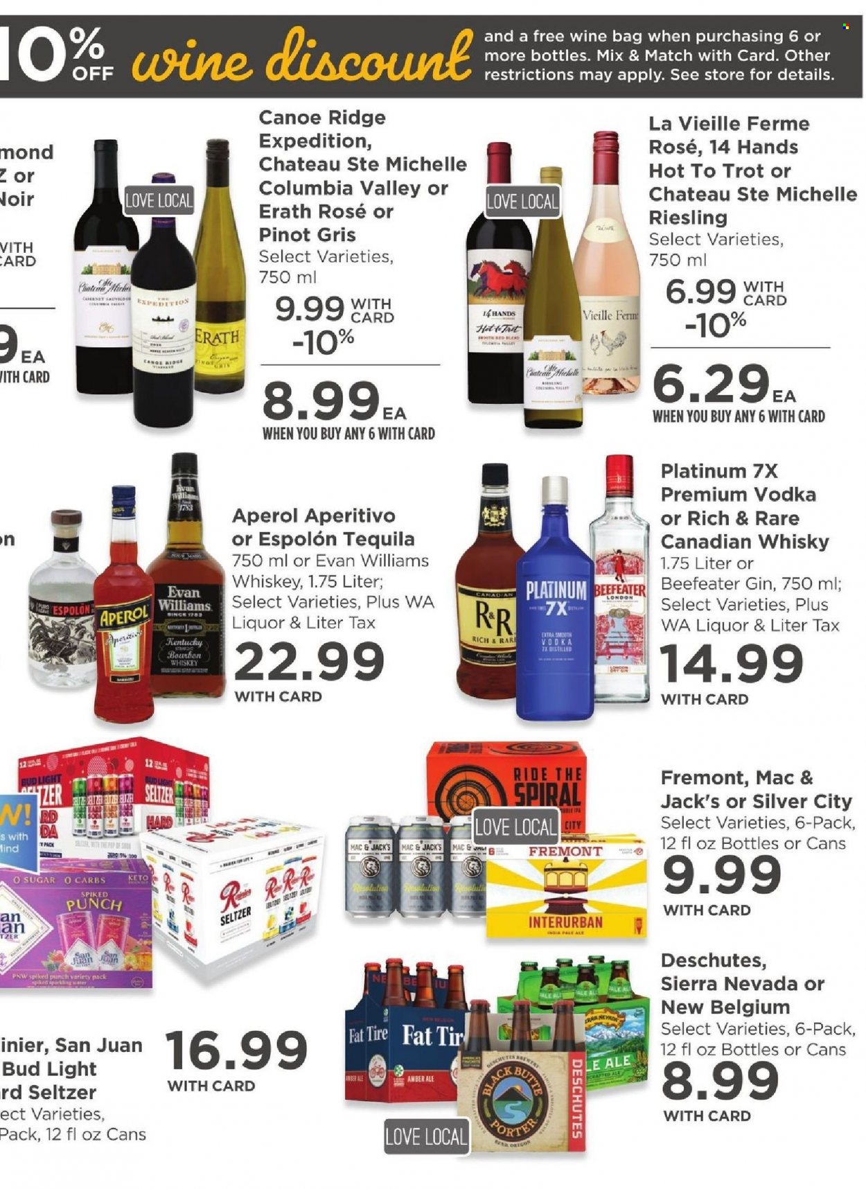 thumbnail - QFC Flyer - 01/19/2022 - 01/25/2022 - Sales products - sugar, seltzer water, Riesling, white wine, wine, Pinot Grigio, rosé wine, bourbon, canadian whisky, gin, tequila, vodka, whiskey, punch, Aperol, Beefeater, bourbon whiskey, whisky, beer, Bud Light, IPA, bag, Columbia. Page 12.