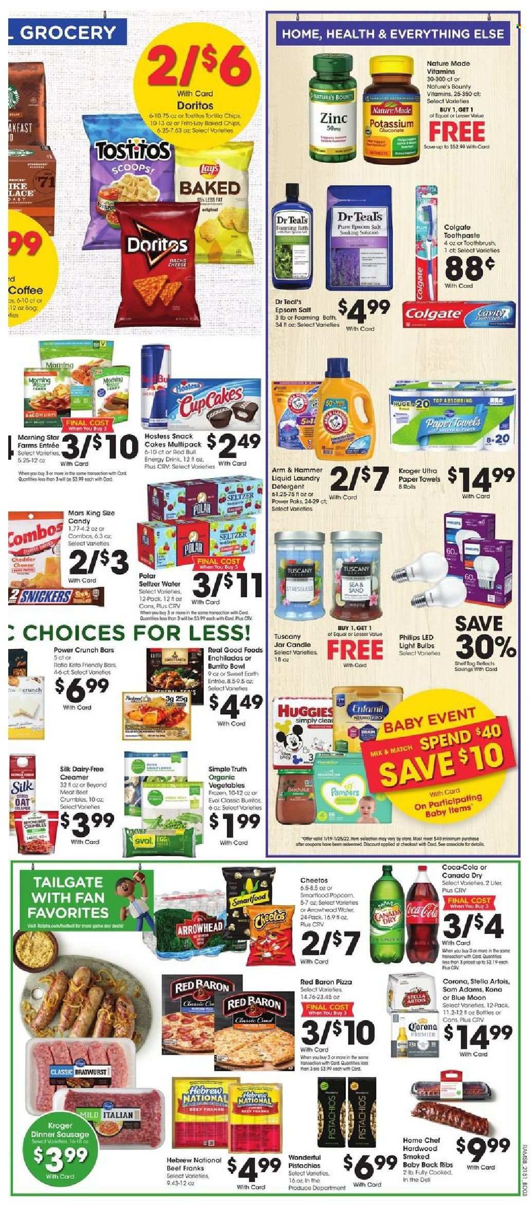 thumbnail - Ralphs Flyer - 01/19/2022 - 01/25/2022 - Sales products - enchiladas, pizza, burrito, bratwurst, Silk, creamer, Red Baron, snack, Mars, Doritos, tortilla chips, Cheetos, Lay’s, Smartfood, Frito-Lay, ARM & HAMMER, oats, pistachios, Canada Dry, Coca-Cola, energy drink, Red Bull, seltzer water, coffee, beer, Corona Extra, pork meat, pork ribs, pork back ribs, Huggies, Pampers, kitchen towels, paper towels, detergent, laundry detergent, Colgate, toothbrush, toothpaste, bowl, bulb, light bulb, Philips, LED light, Nature Made, Nature's Bounty, zinc, Stella Artois, Blue Moon. Page 6.