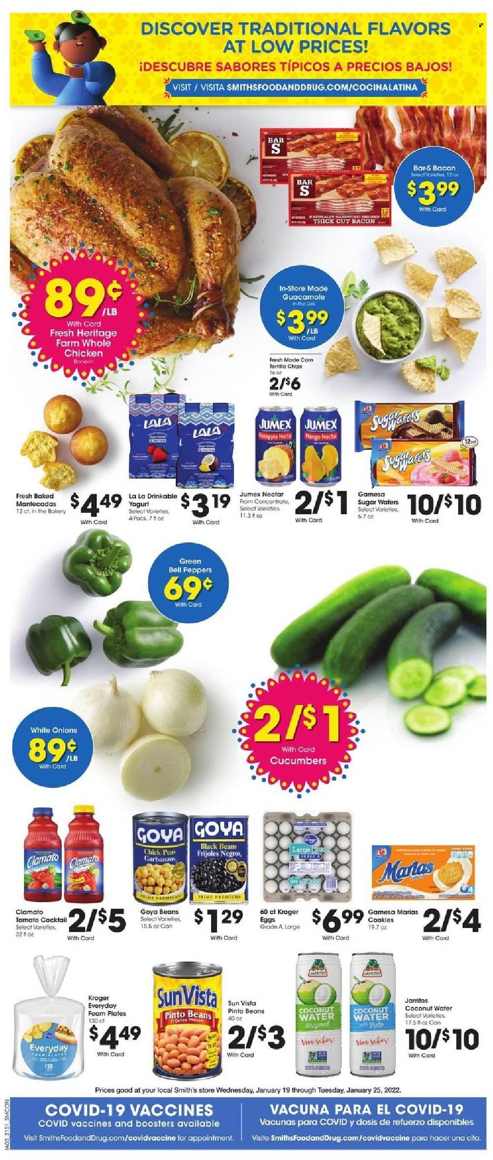 thumbnail - Smith's Flyer - 01/19/2022 - 01/25/2022 - Sales products - beans, bell peppers, cucumber, peas, onion, peppers, bacon, guacamole, yoghurt, eggs, cookies, tortilla chips, chips, Smith's, sugar, black beans, pinto beans, Goya, Clamato, coconut water, whole chicken, plate, pin, foam plates. Page 9.