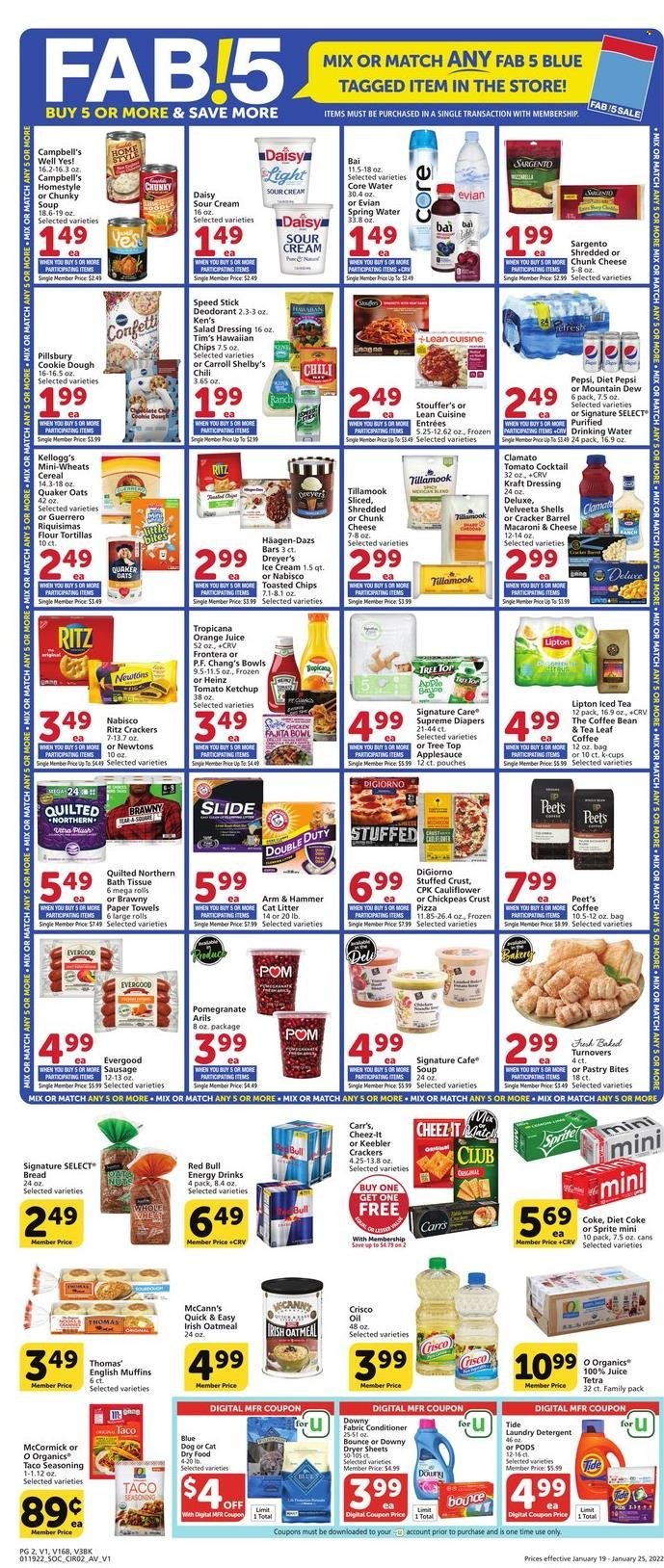 thumbnail - Albertsons Flyer - 01/19/2022 - 01/25/2022 - Sales products - bread, english muffins, tortillas, turnovers, flour tortillas, Campbell's, macaroni & cheese, pizza, soup, fajita, Quaker, Lean Cuisine, Kraft®, sausage, chunk cheese, Sargento, sour cream, ice cream, Häagen-Dazs, Stouffer's, cookie dough, crackers, Kellogg's, Keebler, RITZ, Cheez-It, ARM & HAMMER, Crisco, oatmeal, oats, Heinz, cereals, rice, chickpeas, spice, salad dressing, ketchup, dressing, oil, apple sauce, Coca-Cola, Mountain Dew, Sprite, Pepsi, orange juice, juice, energy drink, Lipton, ice tea, Diet Pepsi, Diet Coke, Clamato, Red Bull, Bai, spring water, Evian, coffee, coffee capsules, K-Cups, nappies, bath tissue, Quilted Northern, kitchen towels, paper towels, detergent, Tide, Fab, laundry detergent, dryer sheets, Downy Laundry, anti-perspirant, Speed Stick, deodorant, mop, bowl, cat litter, pomegranate. Page 2.