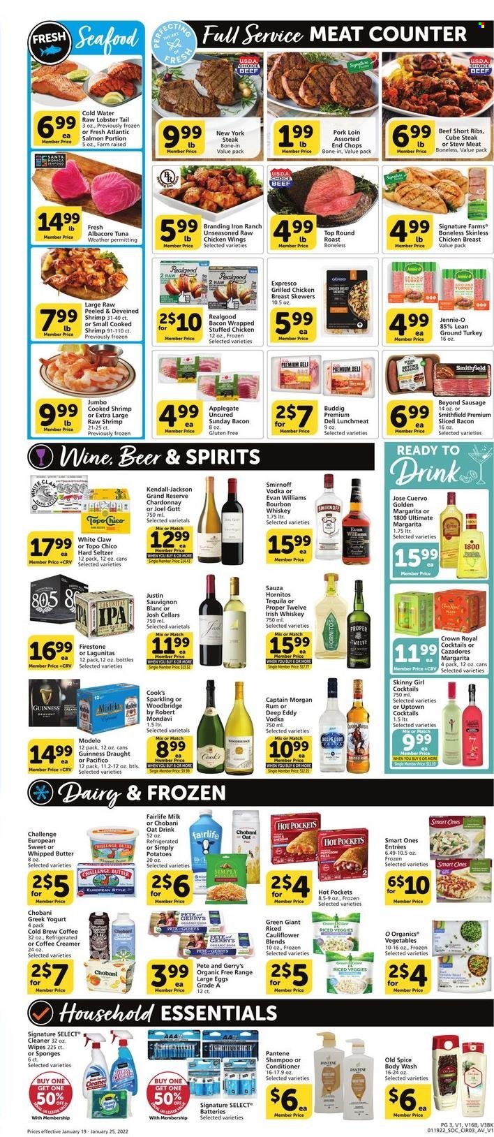 thumbnail - Vons Flyer - 01/19/2022 - 01/25/2022 - Sales products - potatoes, ground turkey, chicken breasts, chicken wings, beef ribs, stew meat, steak, pork loin, pork meat, lobster, salmon, tuna, lobster tail, shrimps, hot pocket, stuffed chicken, bacon, Cook's, sausage, lunch meat, greek yoghurt, yoghurt, Chobani, milk, large eggs, whipped butter, creamer, Santa, spice, white wine, Chardonnay, Sauvignon Blanc, Woodbridge by Robert Mondavi, Woodbridge, Captain Morgan, rum, Smirnoff, tequila, vodka, whiskey, irish whiskey, White Claw, Hard Seltzer, bourbon whiskey, whisky, beer, Guinness, IPA, Modelo, wipes, cleaner, body wash, shampoo, Old Spice, conditioner, Pantene, sponge, pen, battery. Page 3.
